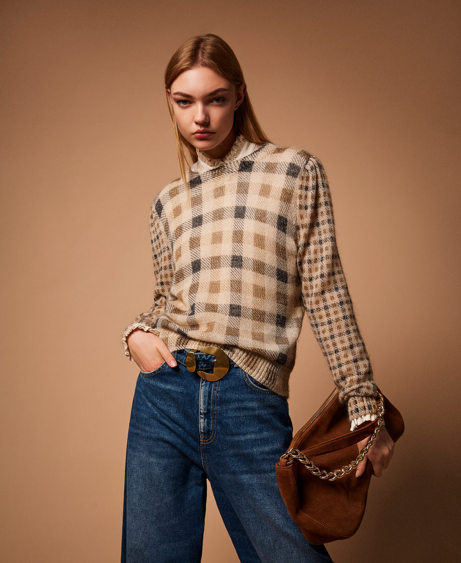 Mohair blend check print jumper Camel/Black Check & Small Check Print Woman 252TT3492_13043_PC