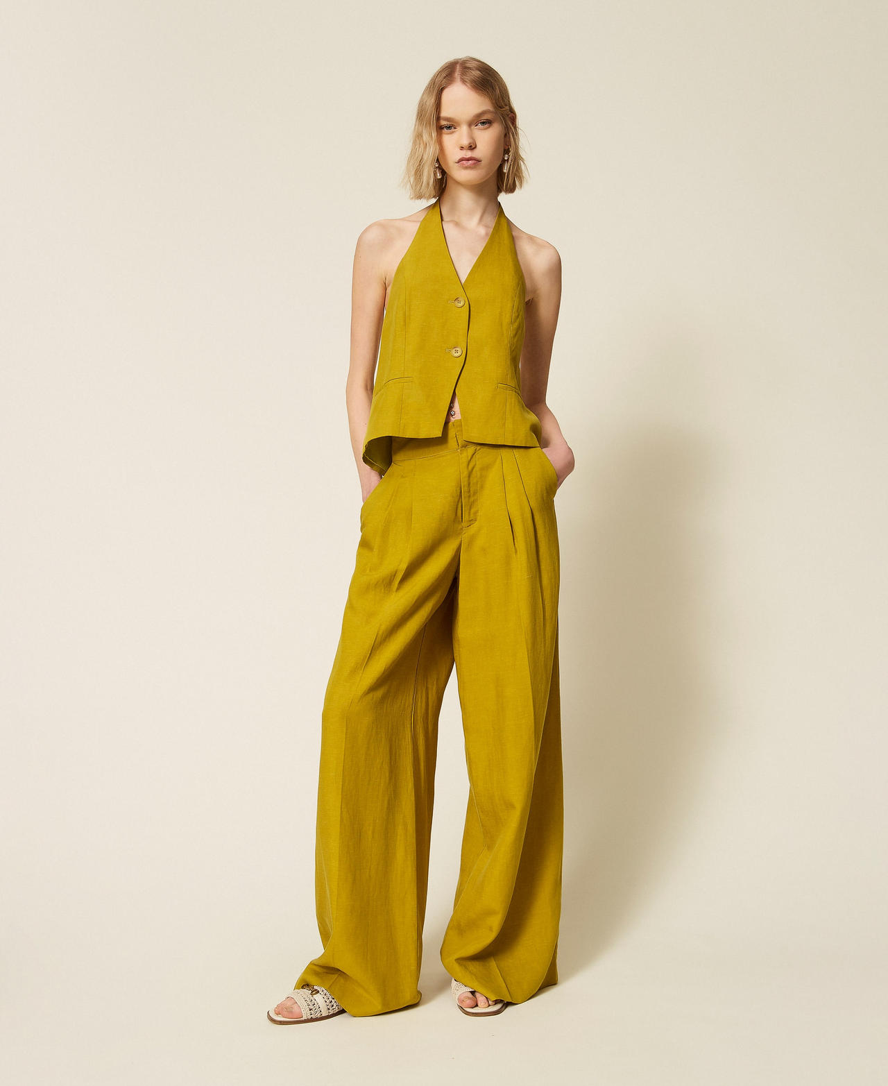 Pantalon ample en lin m&eacute;lang&eacute; Vert &laquo;&nbsp;Avocado Oil&nbsp;&raquo; Femme 261TT2552_12117_02