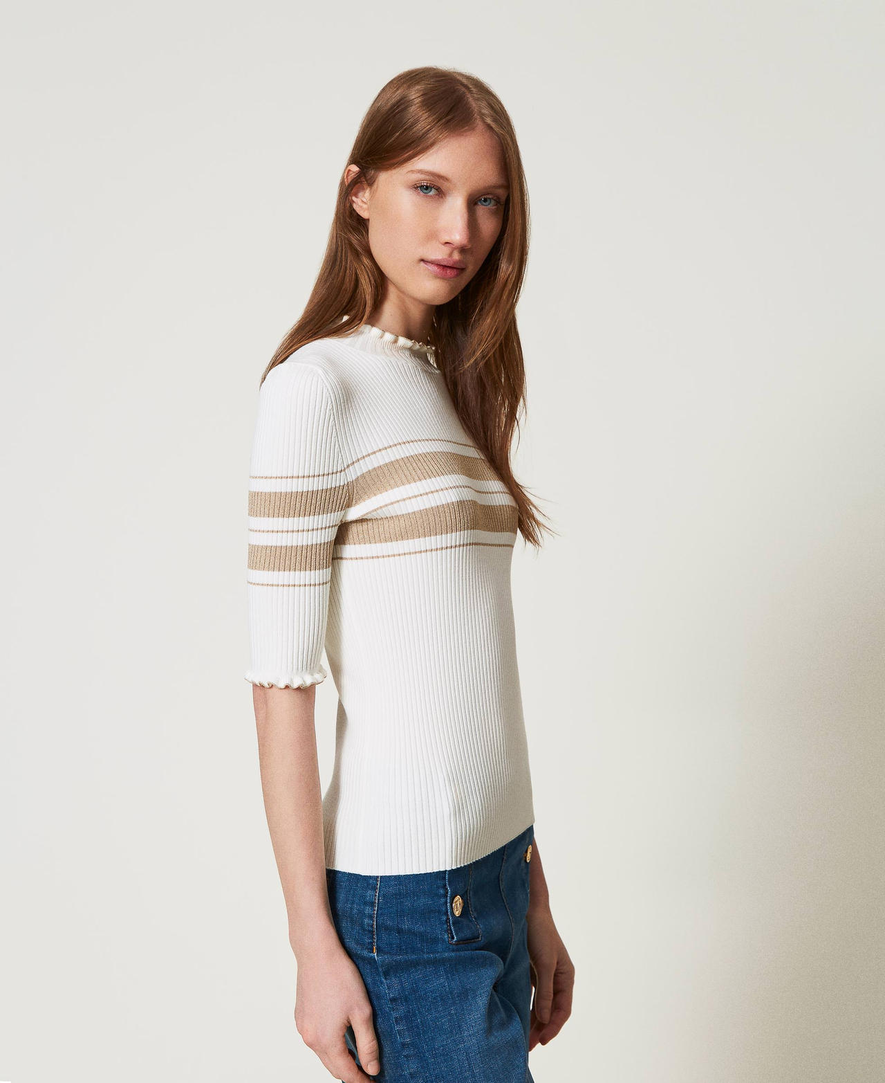 Maglia lupetto a costine con righe lurex Bicolor Bianco Neve / Beige "Rope" Lurex Oro Donna 251TP3420_12314_02