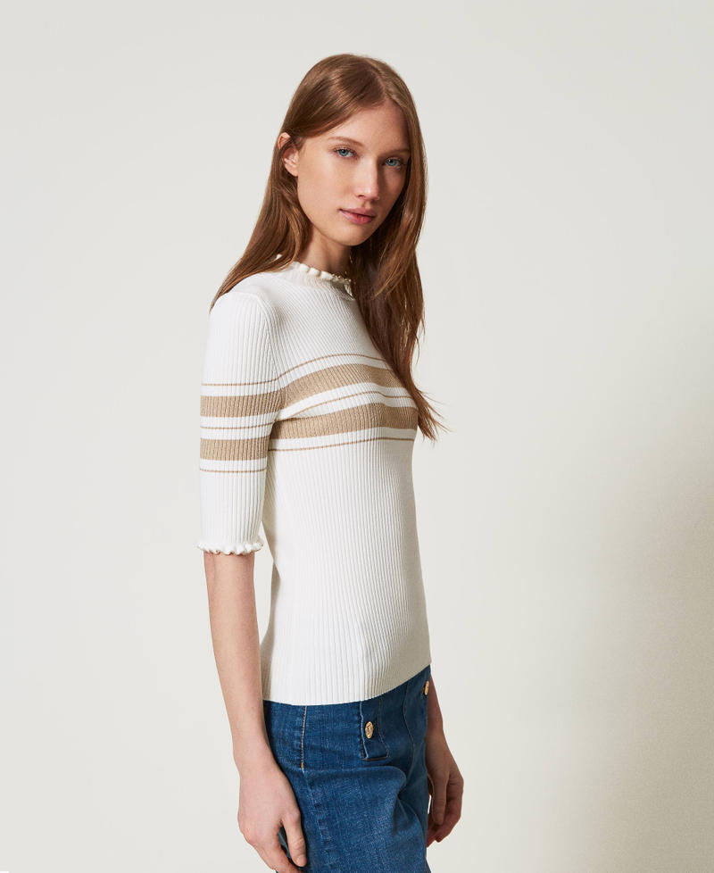 Maglia lupetto a costine con righe lurex Bicolor Bianco Neve / Beige "Rope" Lurex Oro Donna 251TP3420_12314_02