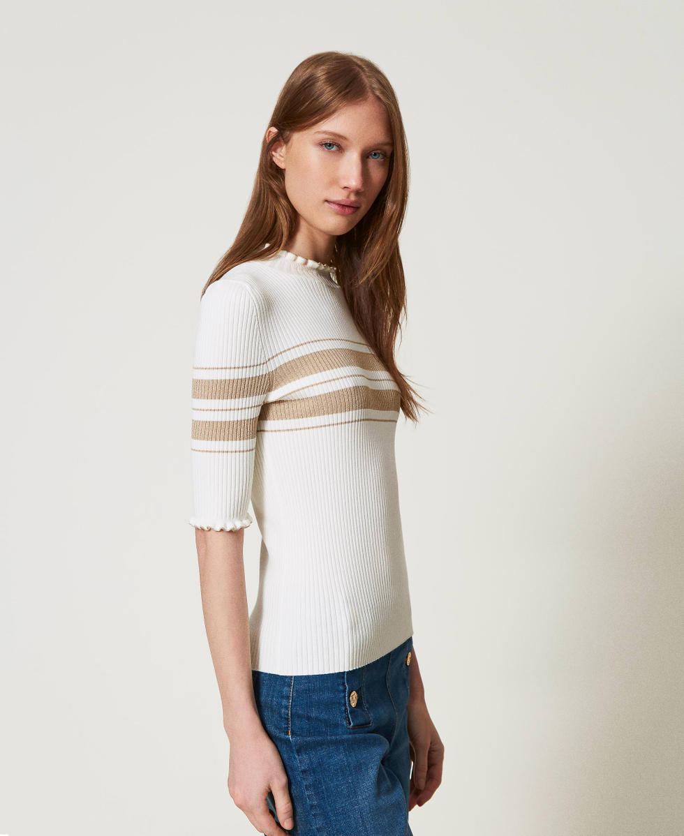 Jersey de cuello alto de canal&eacute; con rayas de l&uacute;rex Bicolor Blanco Nieve / Beige &laquo;Rope&raquo; L&uacute;rex Oro Mujer 251TP3420_12314_02