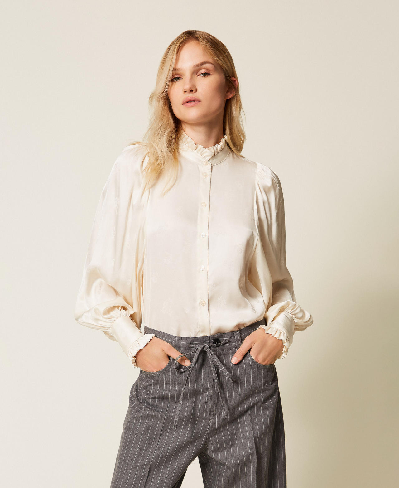 Jacquard satin shirt with ruffles Mother Of Pearl Woman 252TT2362_00059_01