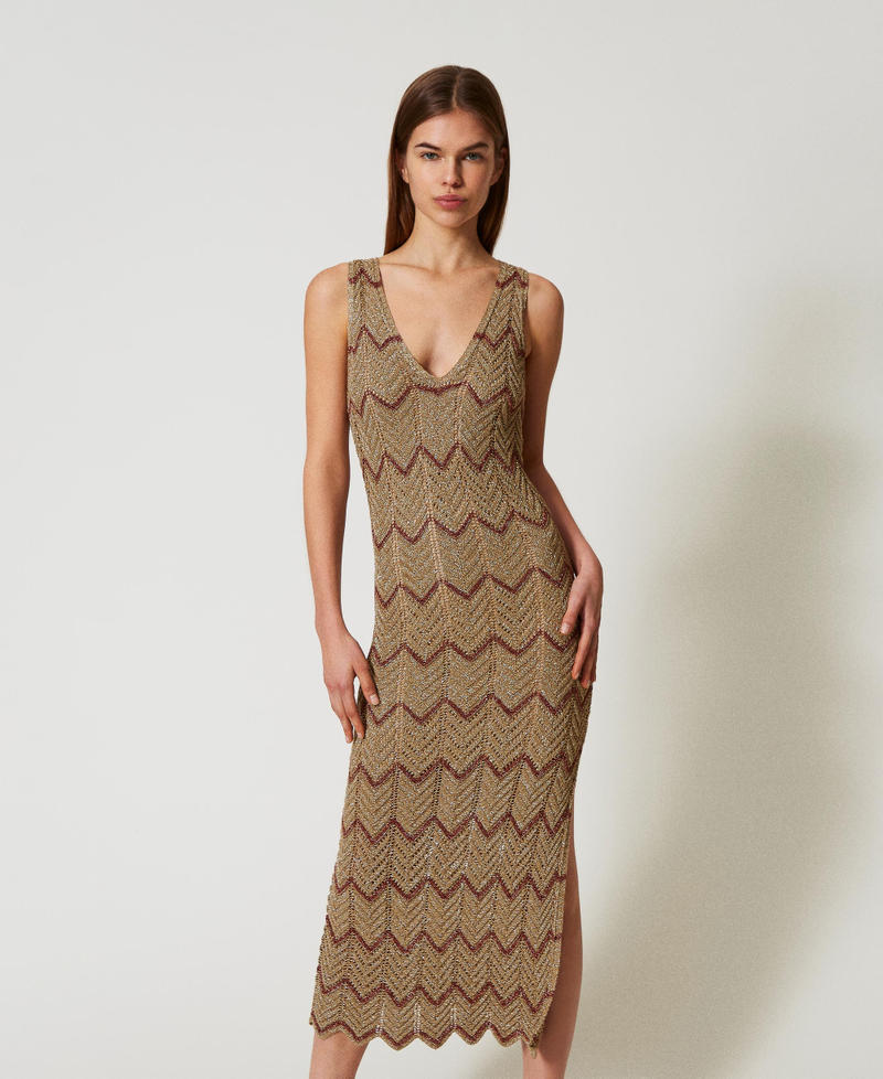 Midi dress in two-tone knit Two-tone Lurex Golden Green/Amber Brown Woman 251TT3197_12528_01