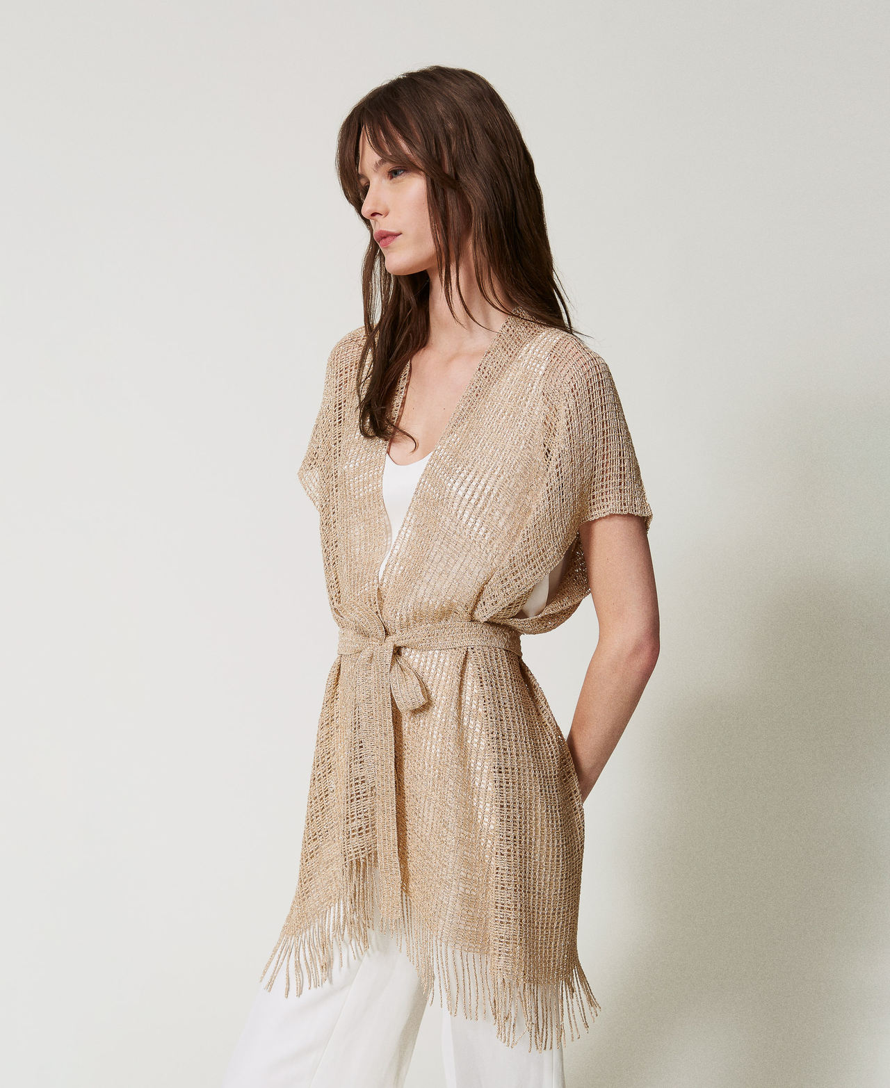 Short mesh and lurex kaftan with fringes Pale "Ginger Root” Beige Woman 251TO5190_11640_02