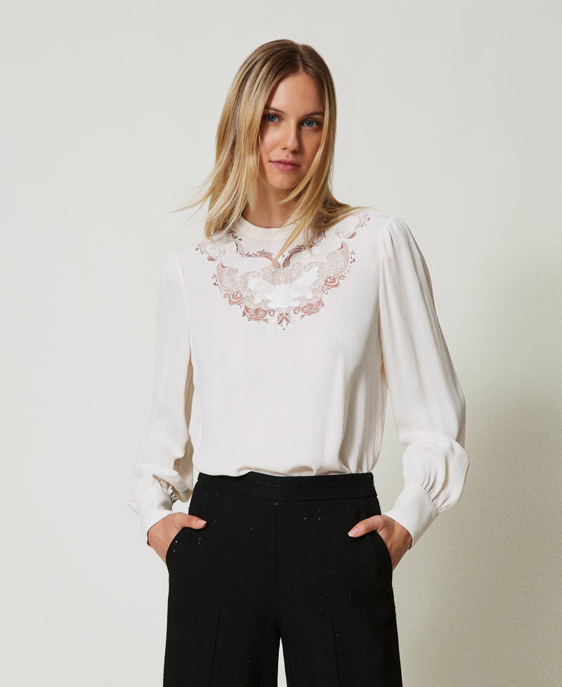 Crêpe blouse with floral embroidery White Cream Woman 242TT2192_11952_01