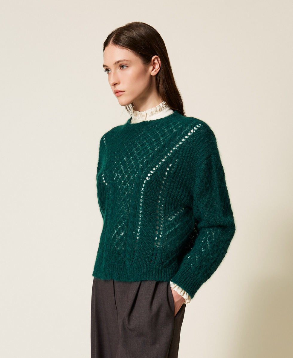 Pull ajour&eacute; en mohair m&eacute;lang&eacute; Vert &laquo;&nbsp;Deep Forest&nbsp;&raquo; Femme 252TT3201_05247_02
