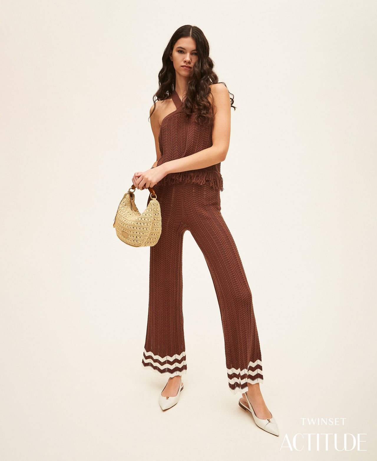 Pantalon en maille avec zigzag et franges Bicolore Chocolate Lab/Blanc &laquo;&nbsp;Milk&nbsp;&raquo; Femme 261AP3062_13363_PA