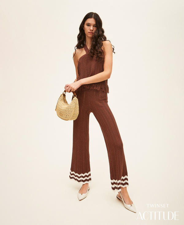 Knit trousers with zigzag detail and fringes
