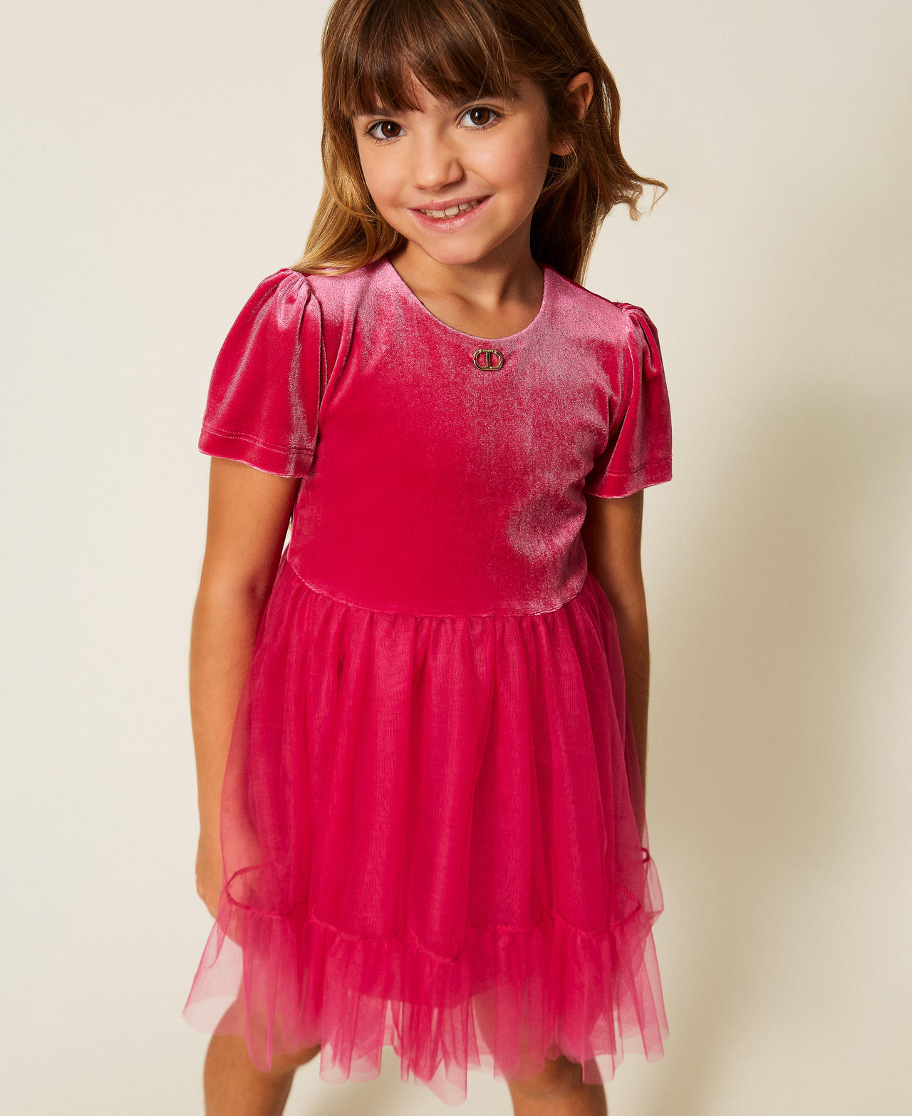 Kurzes M&auml;dchenkleid aus Samt und T&uuml;ll Rosa Candy Rose M&auml;dchen 252GB2200_00338_01