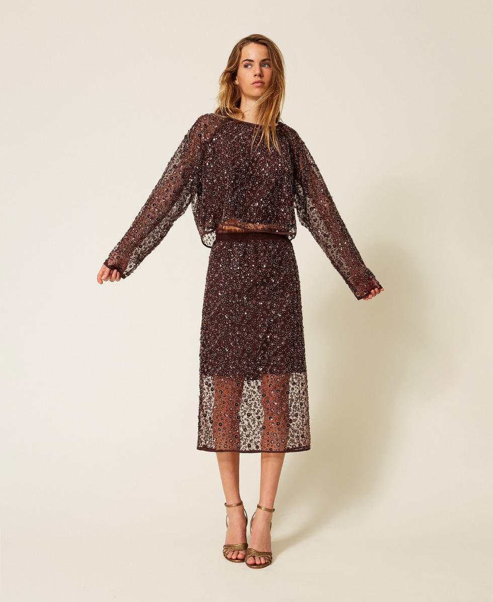 Blouse en tulle avec sequins Marron &laquo;&nbsp;Hot Chocolate&nbsp;&raquo; Femme 252AP2272_12562_T0