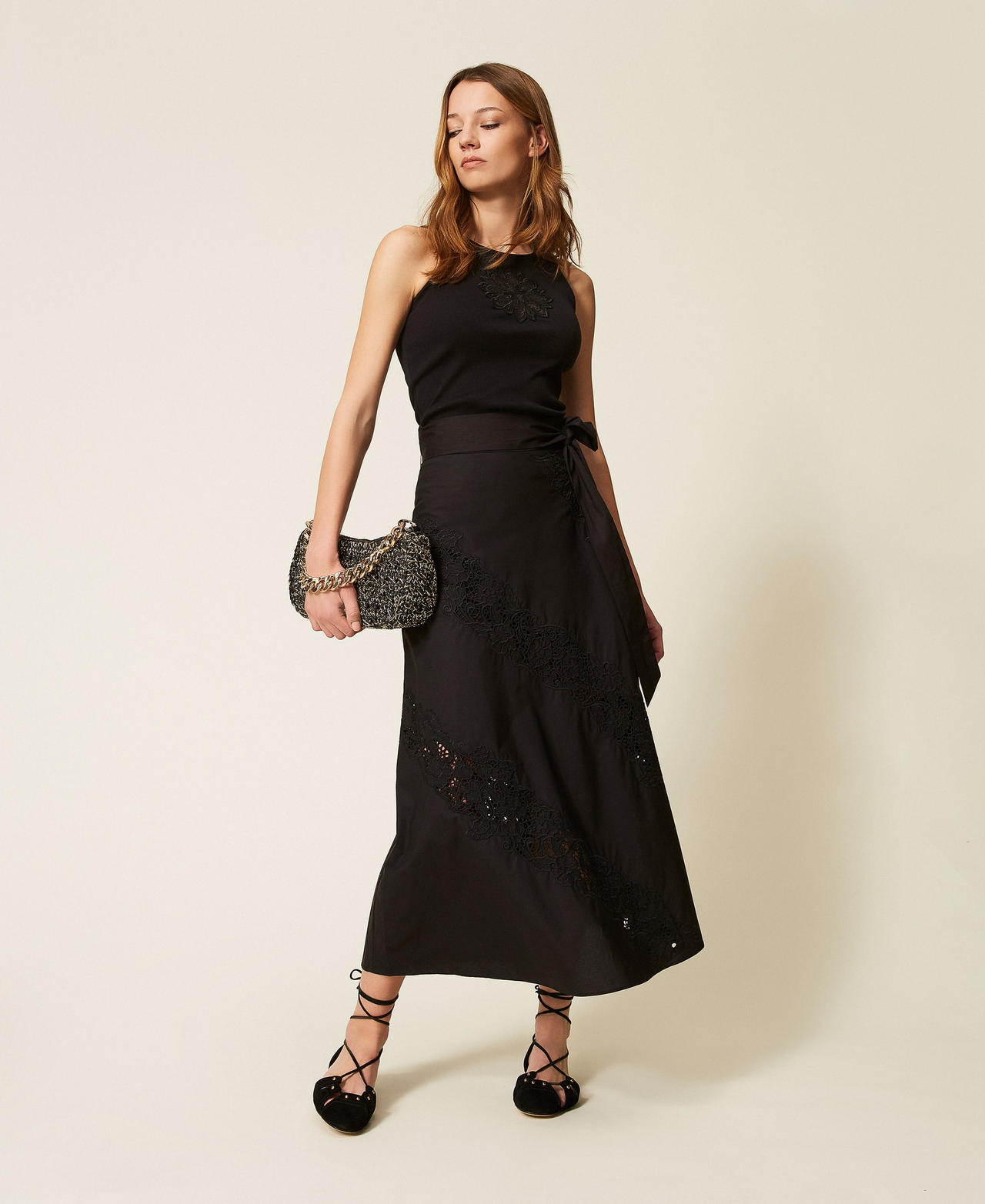 Jupe longue en popeline et broderie anglaise