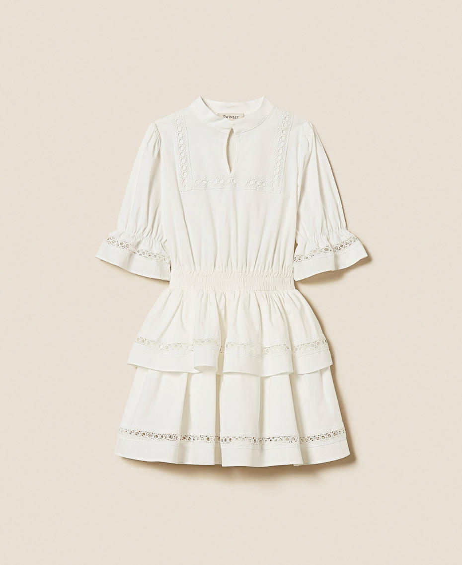 Abito corto in popeline con pizzo Off White Bambina 261GJ2042_00526_S0