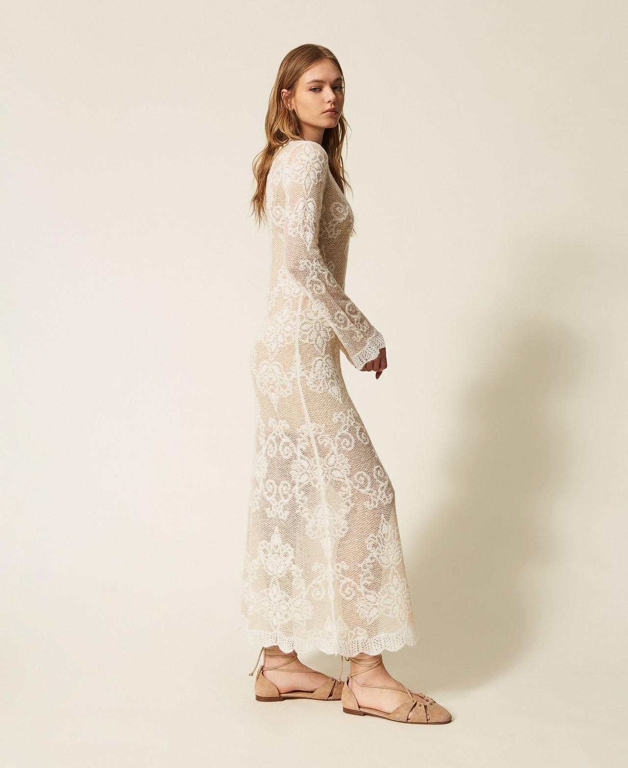 Long jacquard alpaca blend knit dress "Parchment" Beige Woman 262TP3344_07222_03
