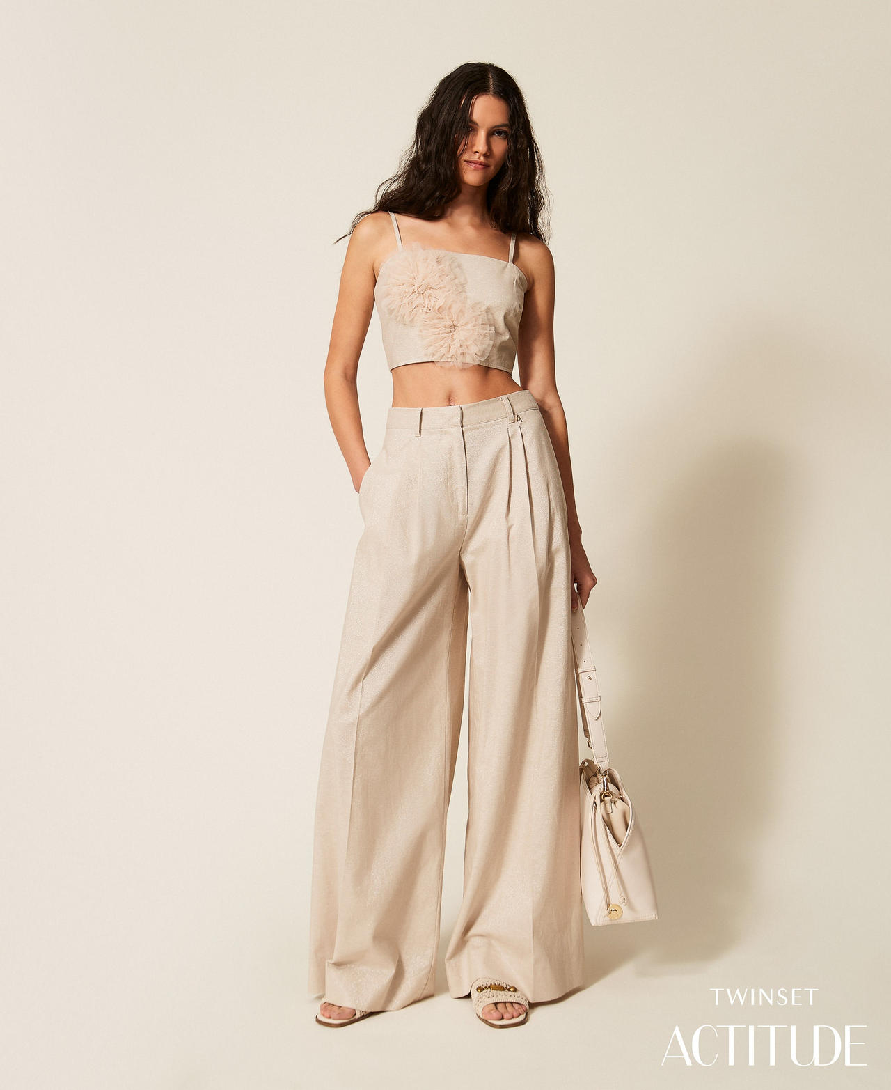 Pantalon en lin m&eacute;lang&eacute; avec lurex Beige &laquo;&nbsp;Cashew&nbsp;&raquo; Lurex Femme 261AT2073_13460_PA