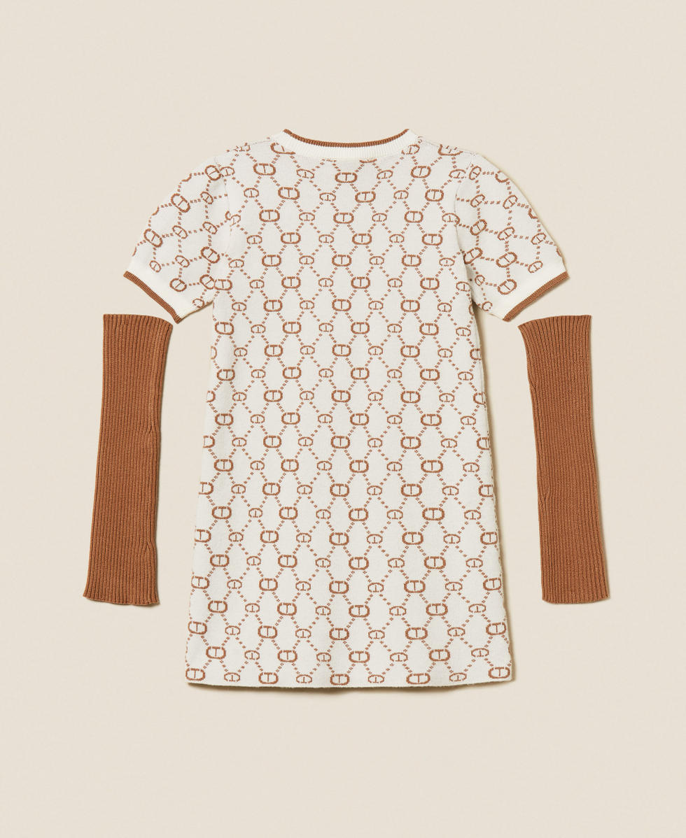 Short jacquard knit dress with removable sleeves Papyrus White/Camel Micro Logo Girl 252GJ3020_12794_S1