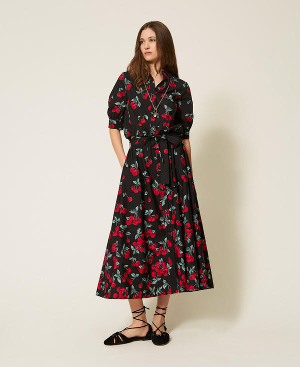 Long poplin skirt with cherry print