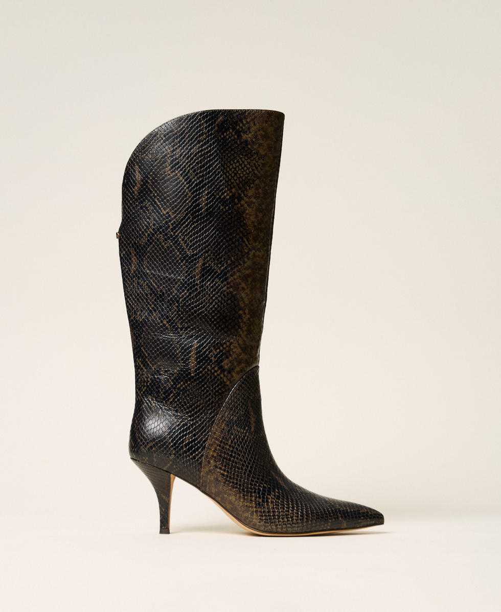 Bottes montantes en cuir imprim&eacute; python Imprim&eacute; Python Marron Coffee Femme 262TGT074_14054_01