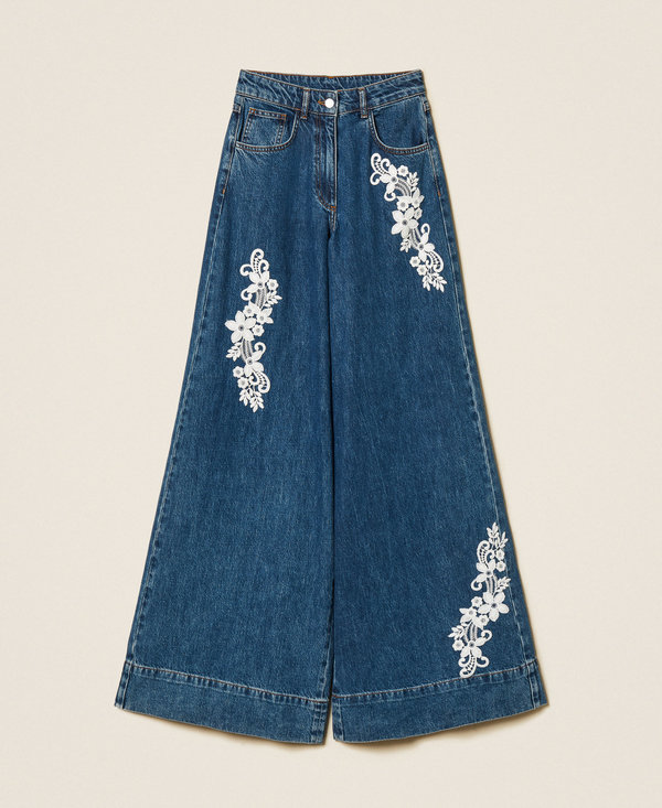 Wide-leg denim trousers with lace