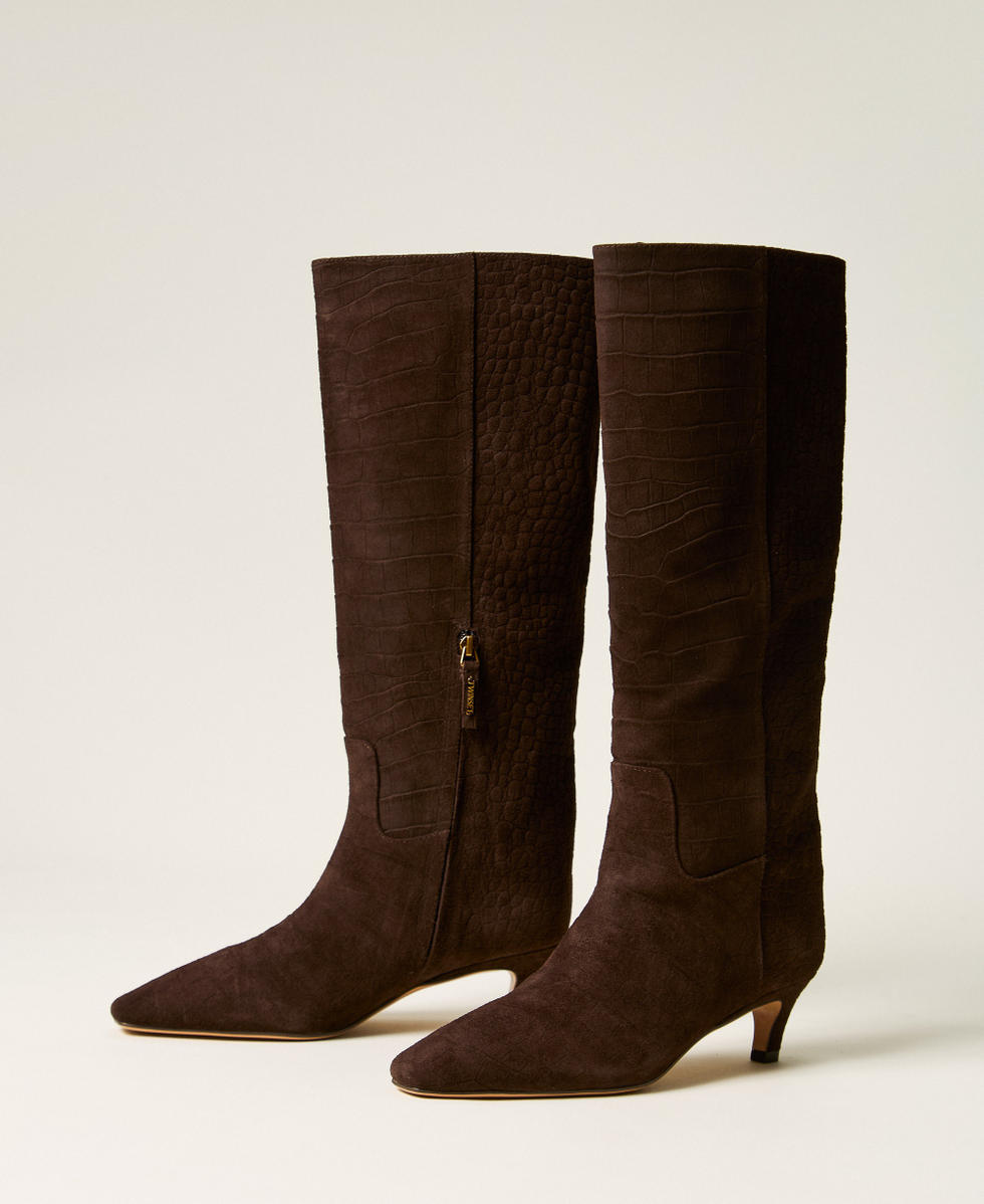 Crocodile print suede high boots Coffee Croc Print Woman 262TGT080_14043_02