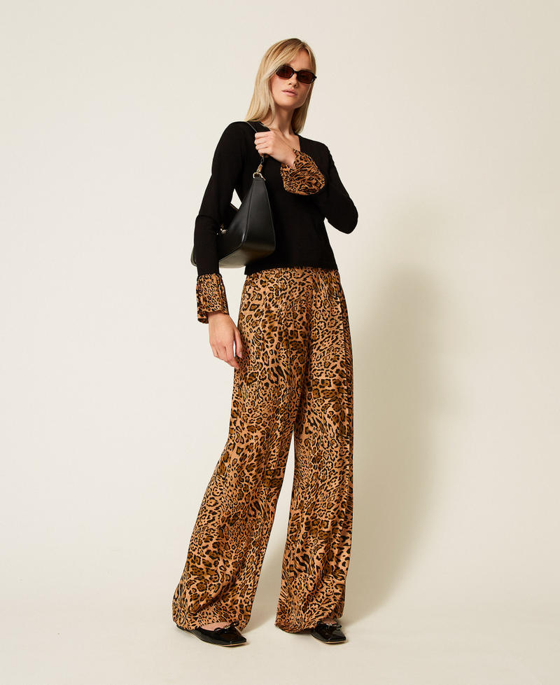 Animal print jacquard trousers Coffee/Land Brown Animal Print Woman 252TP2474_12737_01