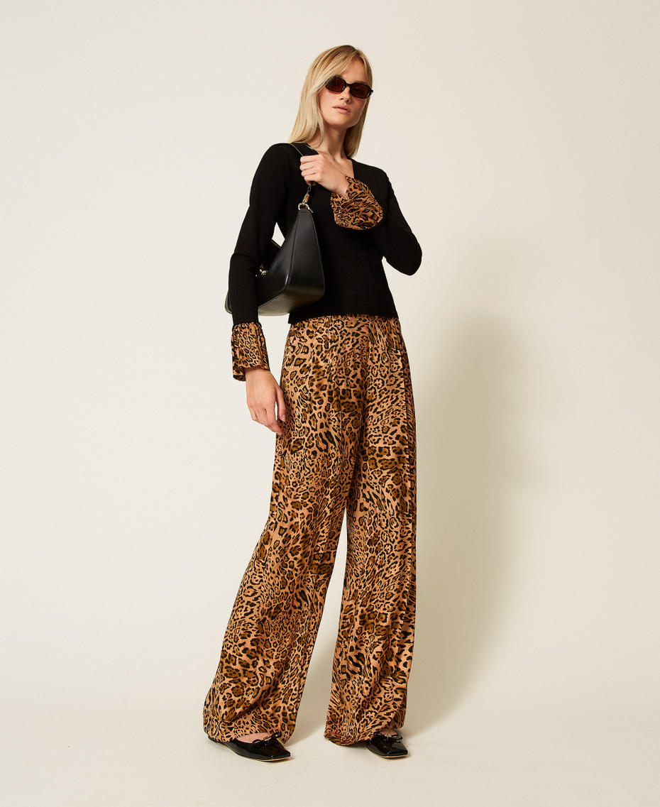 Animal print jacquard trousers Coffee/Land Brown Animal Print Woman 252TP2474_12737_01