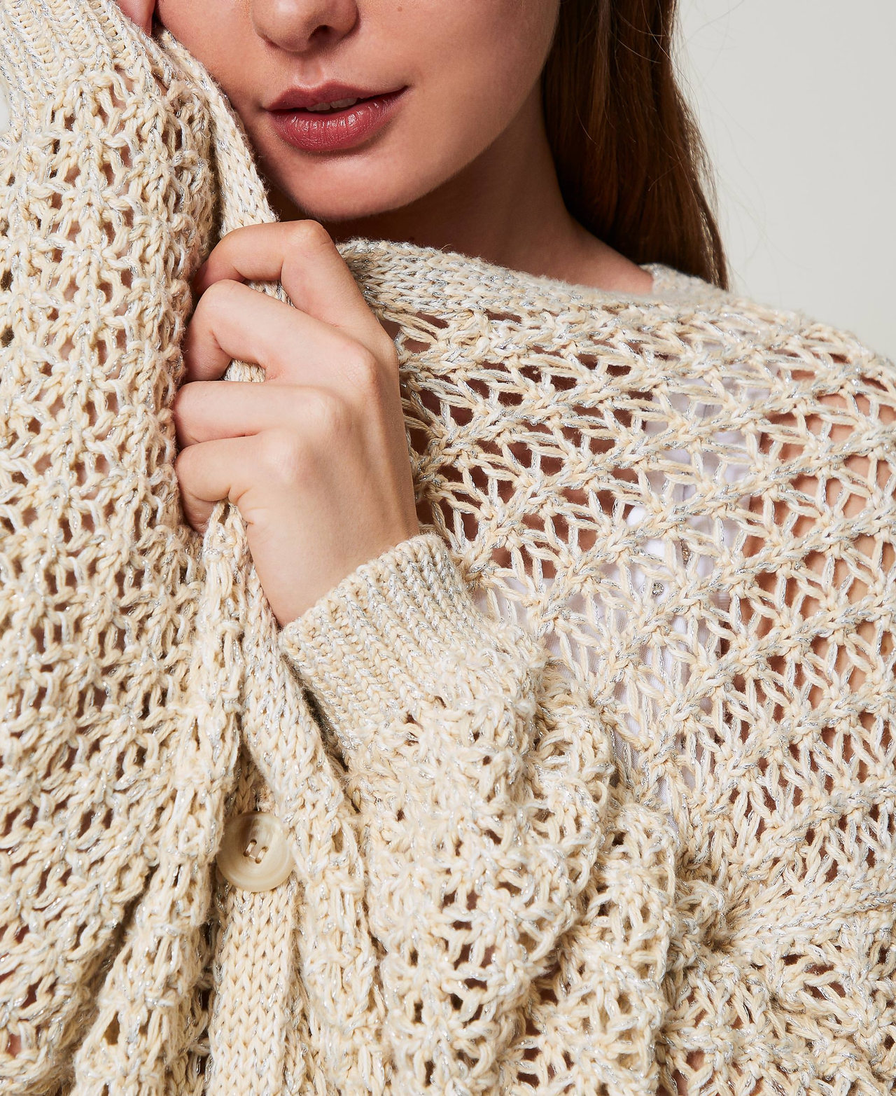 Openwork maxi cardigan Woman, Beige | TWINSET Milano