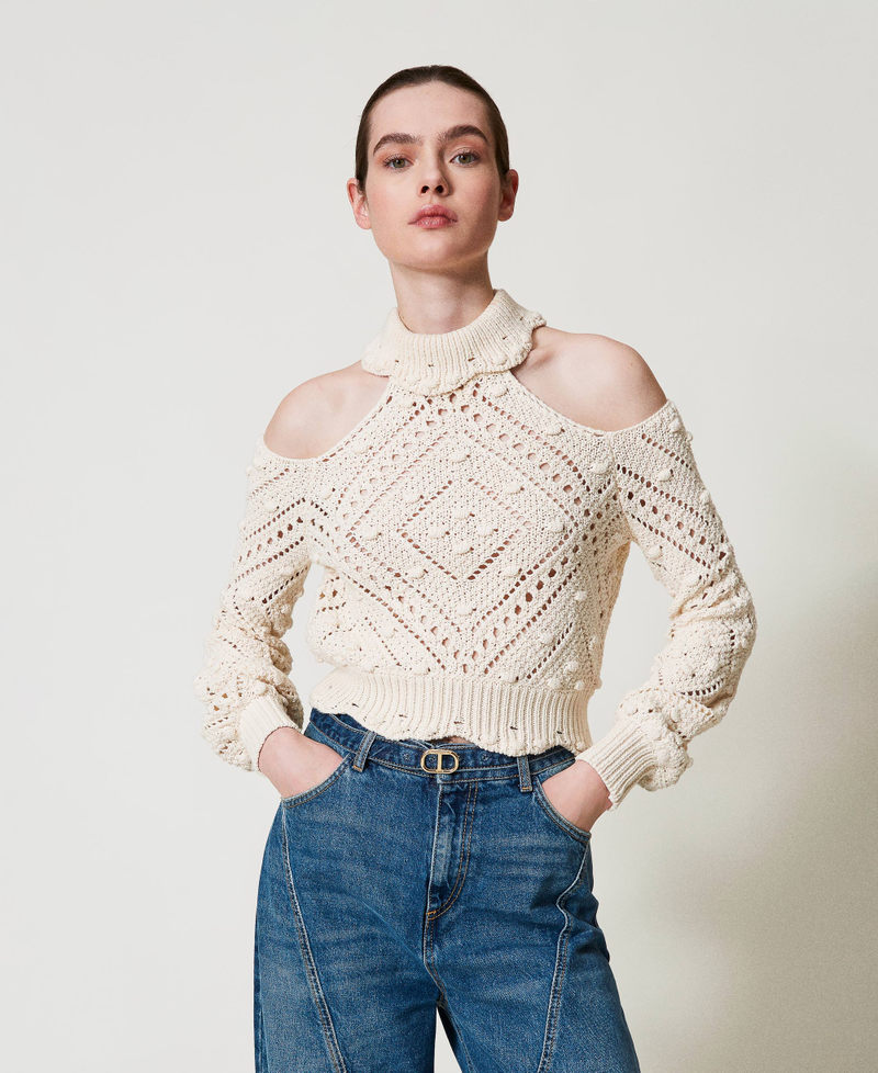 Openwork cropped turtleneck jumper Woman, Beige | TWINSET Milano