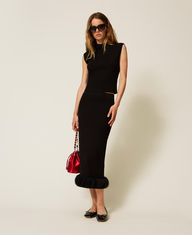 Midi knit skirt with organza Black Woman 252AP3013_00006_T0