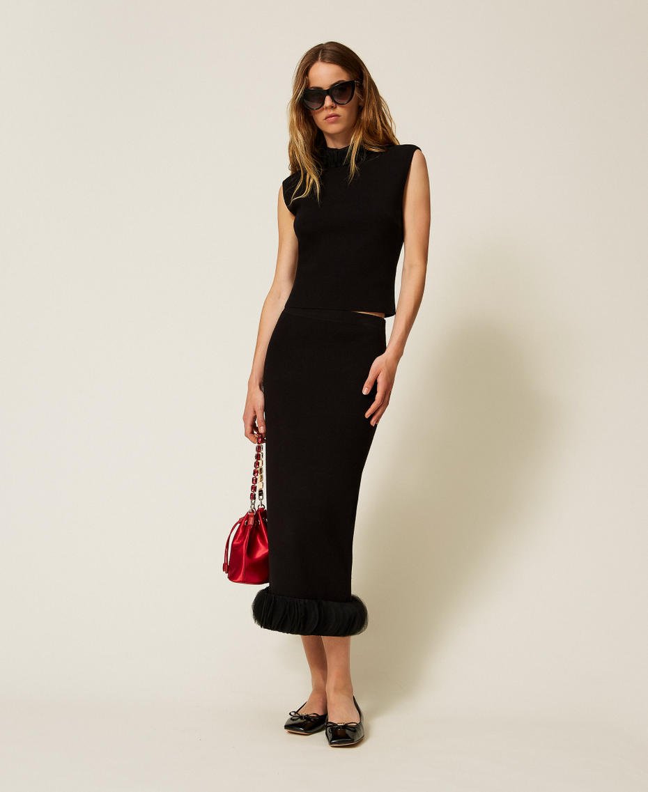 Midi knit skirt with organza Black Woman 252AP3013_00006_T0