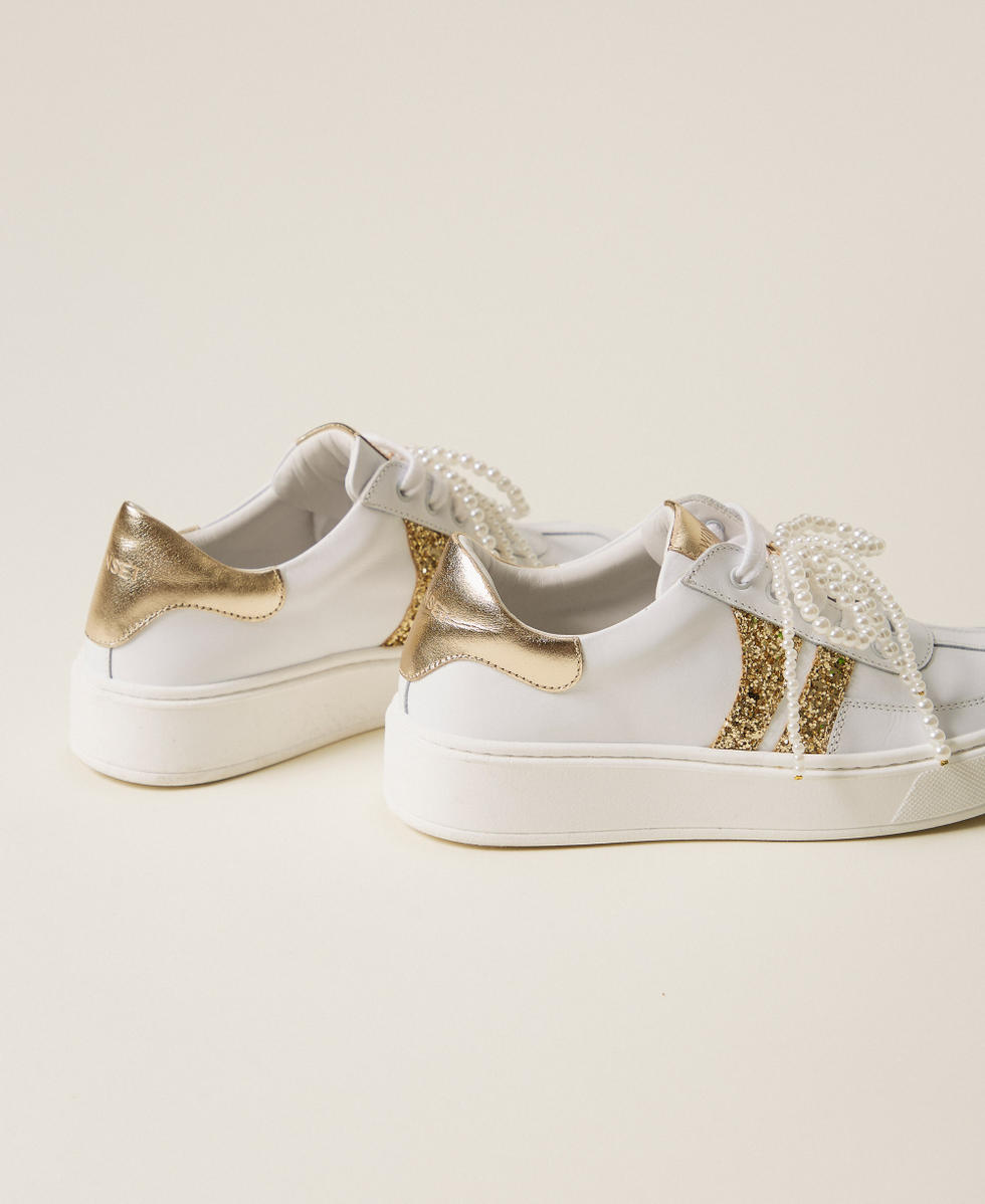 Sneakers con banda glitter Bicolor Off White / Oro Bambina 261GCJ012_13238_03