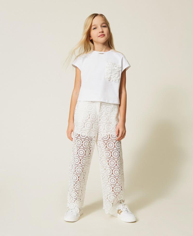 Pantaloni in pizzo macram&egrave; Off White Bambina 261GJ2Q21_00526_01