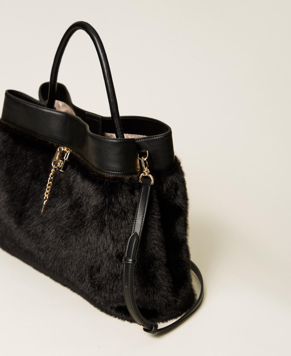 Faux fur shopper bag with Oval T lock Black Woman 252TD8400_00006_02