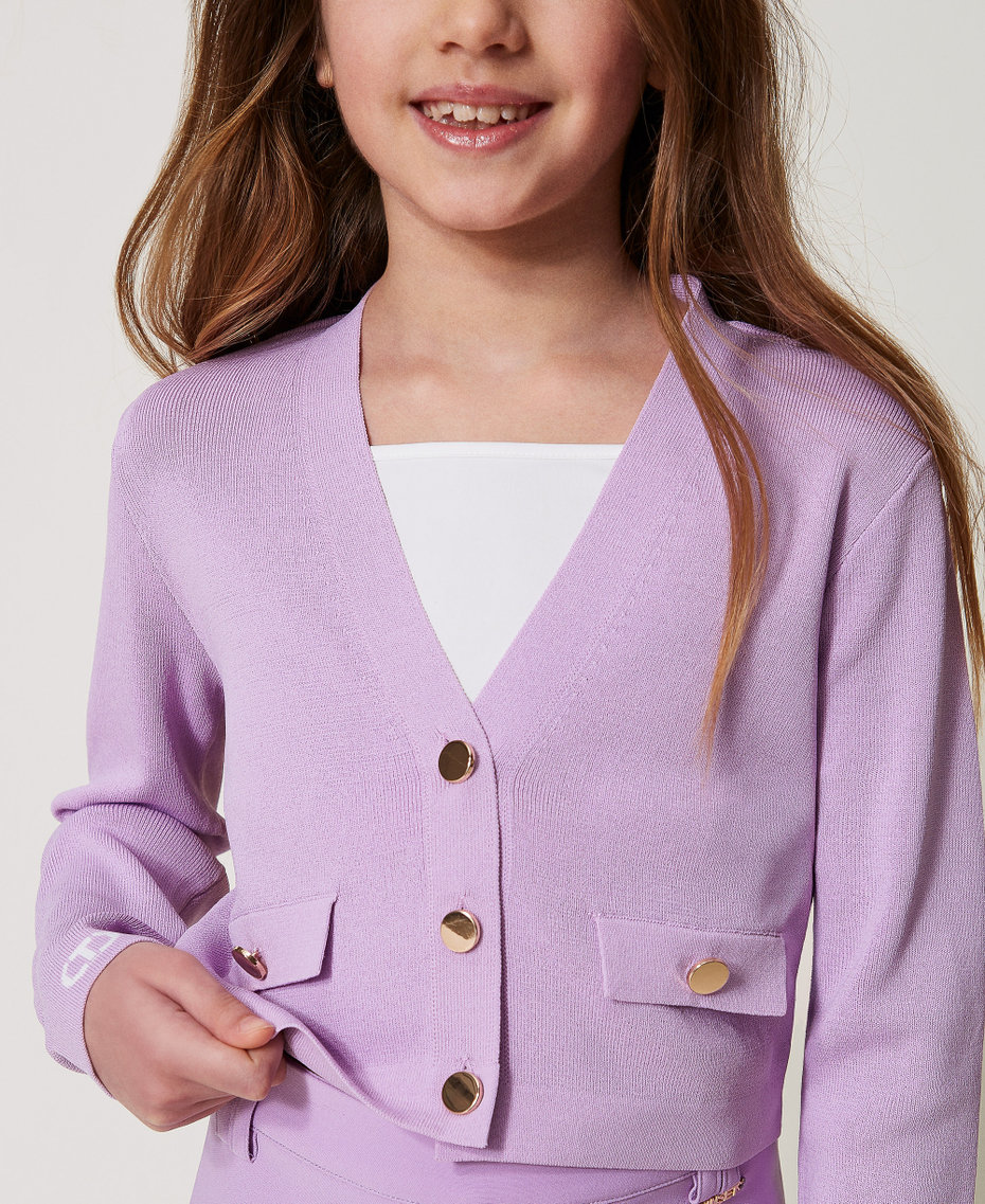 Ribbed cardigan with Oval T jacquard Two-tone Pastel Violet/Ice Girl 251GJ3QW4_12296_04