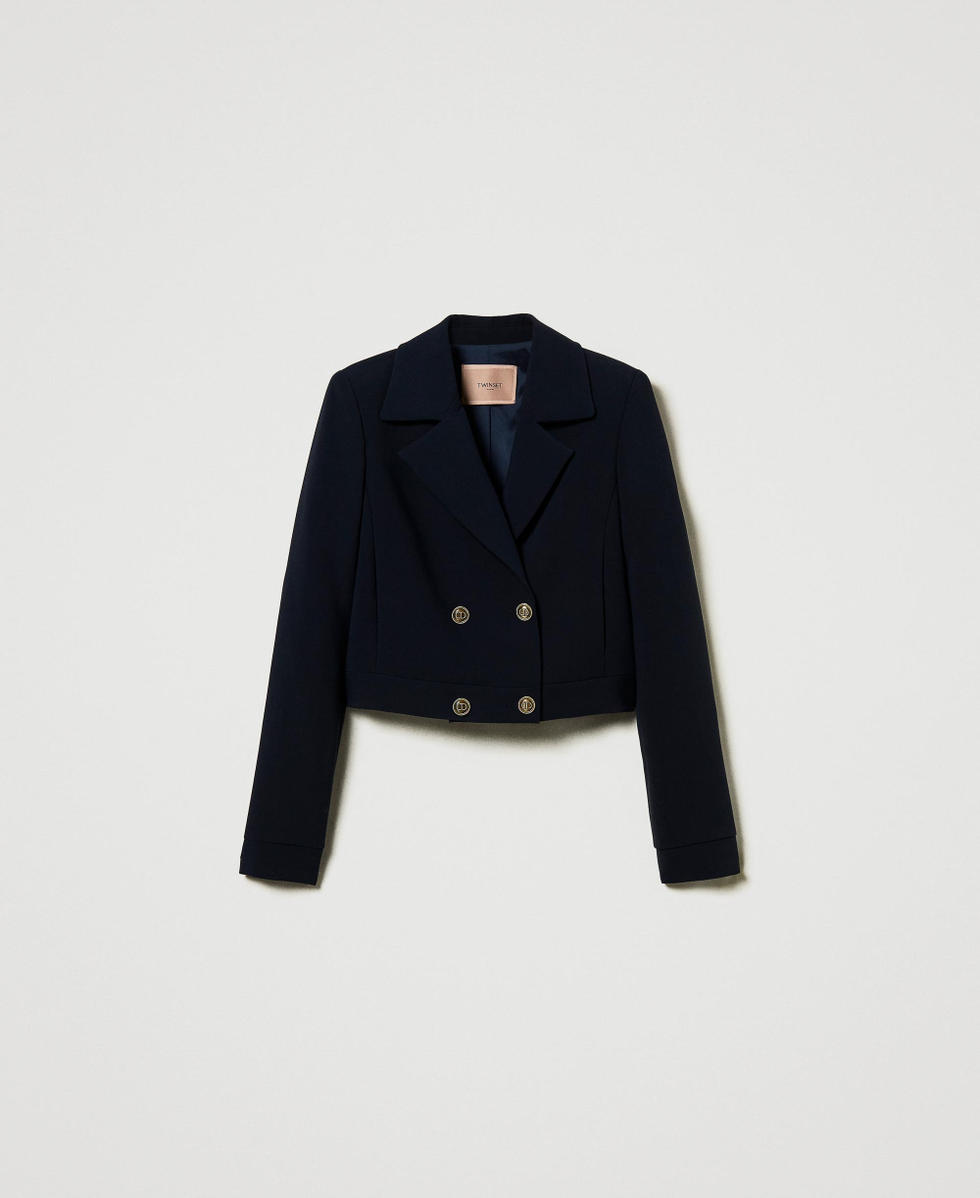 Blouson cropped en cr&ecirc;pe cady Bleu Classique Femme 242TT2100_11956_S0