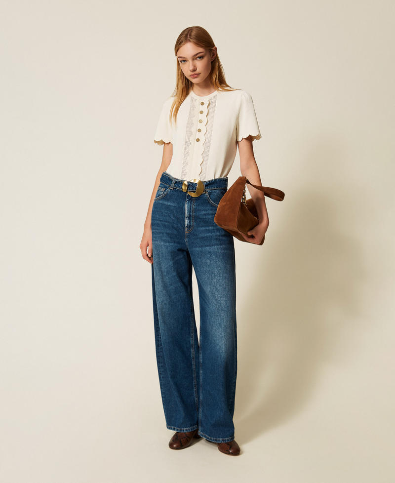 Scalloped sweater with Oval T buttons "Parchment" Beige Woman 252TP3203_07222_01