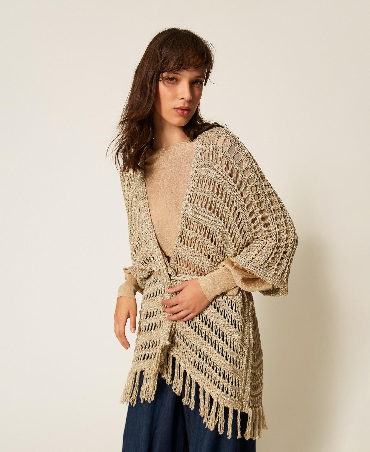 Crochet knit poncho Delicate Sand Beige Woman 261TA4340_13161_01