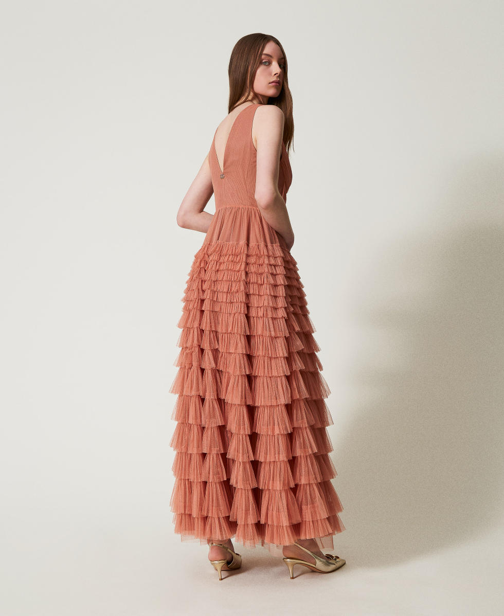 Long pleated tulle dress Dusty Coral Woman 251TQ2043_12364_03