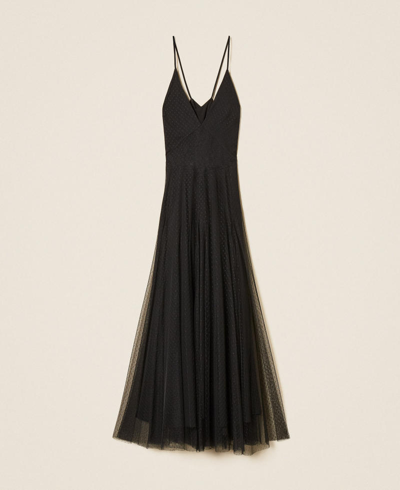 Langes Kleid aus Plumetis-T&uuml;ll und Spitze Schwarz Frau 262TP2213_00006_S0