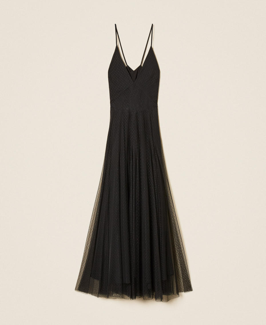 Langes Kleid aus Plumetis-T&uuml;ll und Spitze Schwarz Frau 262TP2213_00006_S0