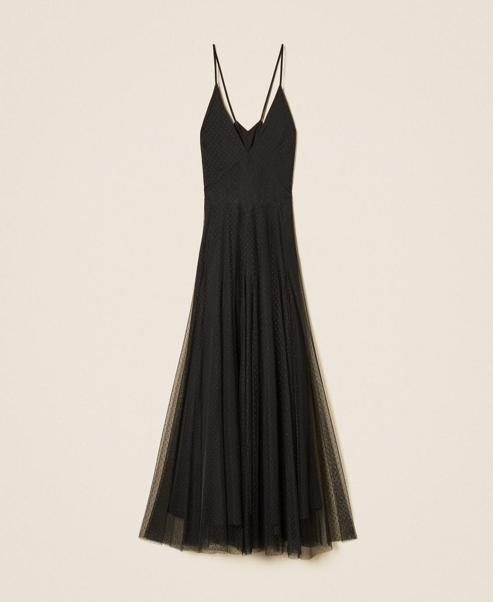 Vestido largo de tul plumetis y encaje Negro Mujer 262TP2213_00006_S0