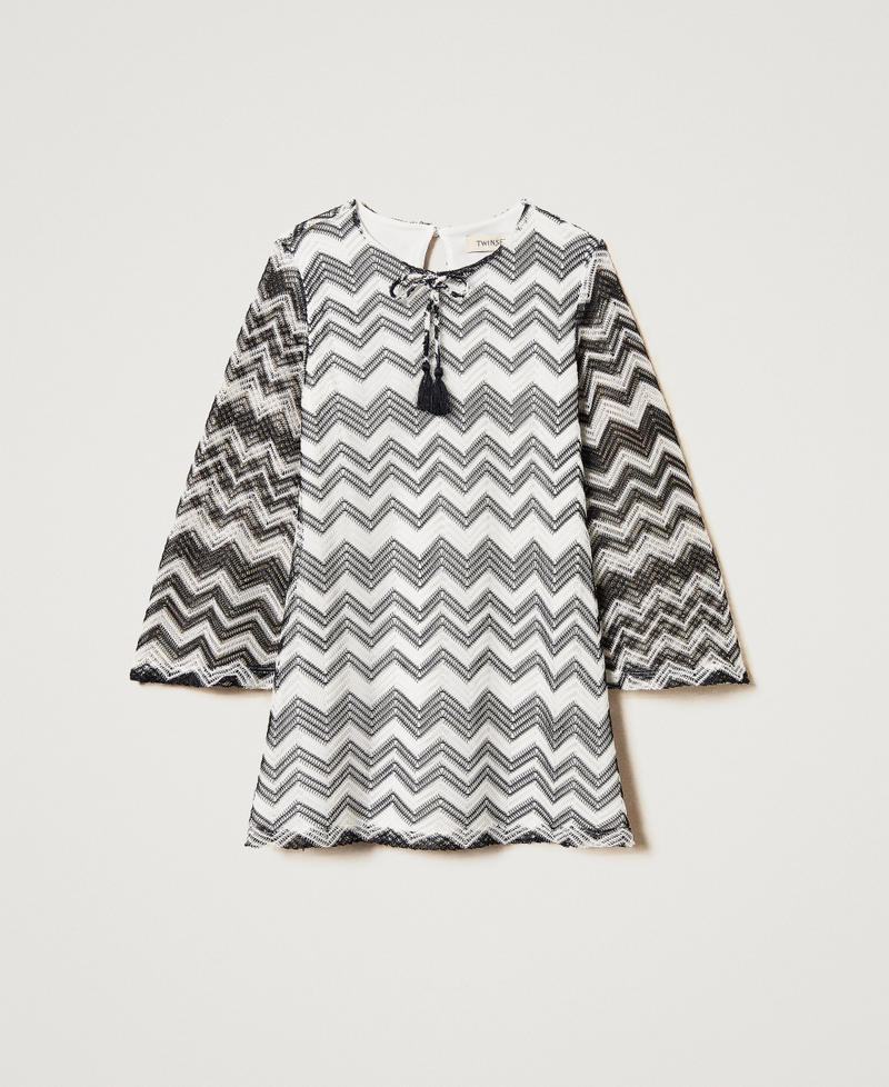 Short mesh dress with chevron pattern Bicolour "Ice" White / Black Girl 251GJ2550_02849_S0