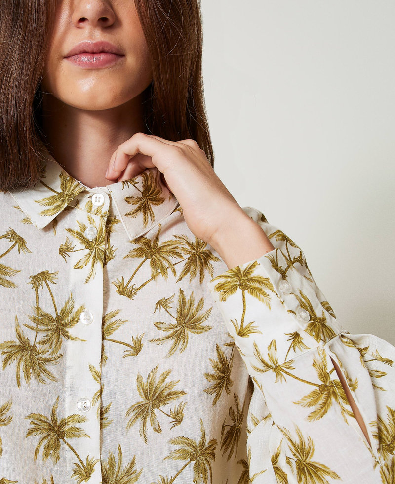 Linen blend shirt with palm print Mother of Pearl/Olive Leaf Palm Print Woman 251LB2VBB_12196_04