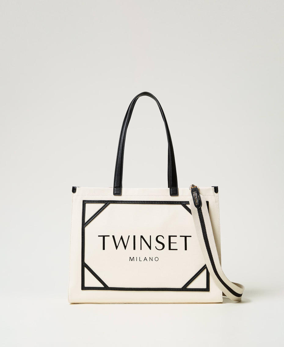 Canvas shopper bag with logo Mother Of Pearl Woman 251TB7081_00059_01