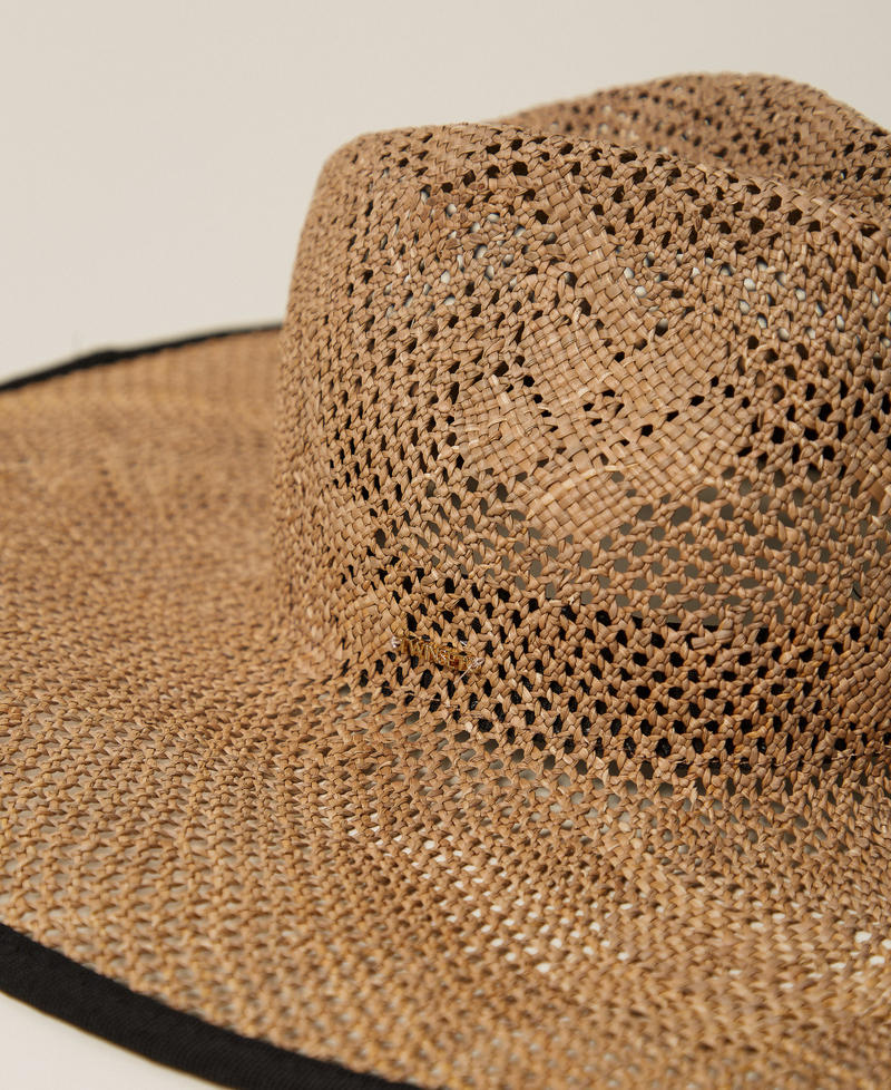 Straw-effect hat with flowers "Bubinga Wood&rdquo; Brown Woman 261TA4070_11061_02