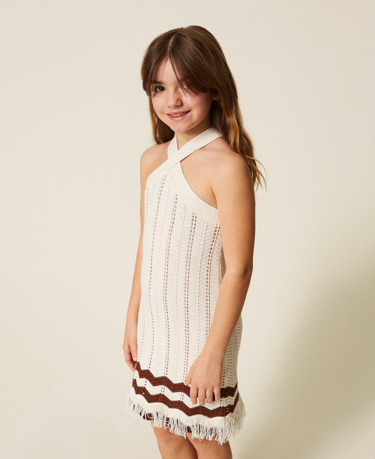 Short knit dress with zig-zag pattern Two-tone Milk/Dark Root Brown Girl 261GJ3023_13198_02