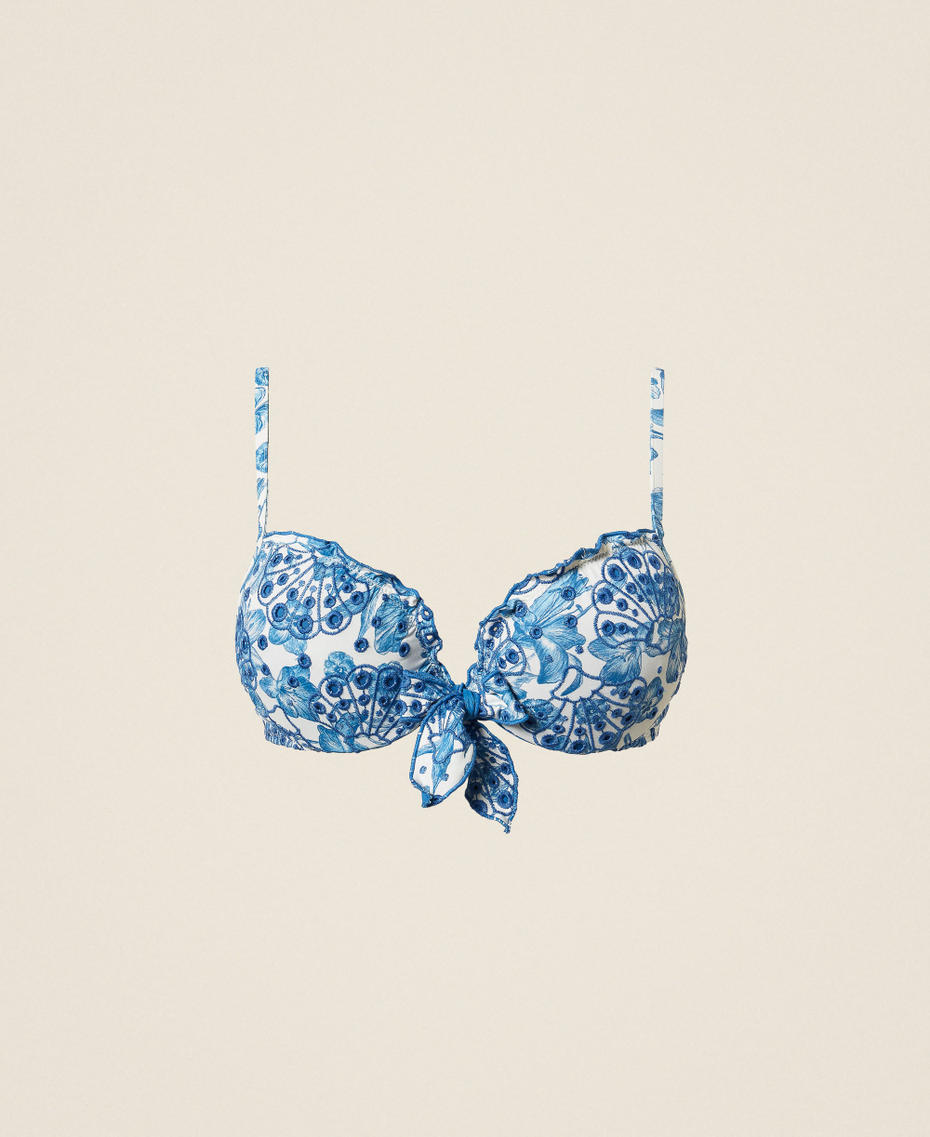 Push-up bikini top with embroidery Off White/Med Blue Toile De Jouy Print Woman 261LMMD44_13465_S0