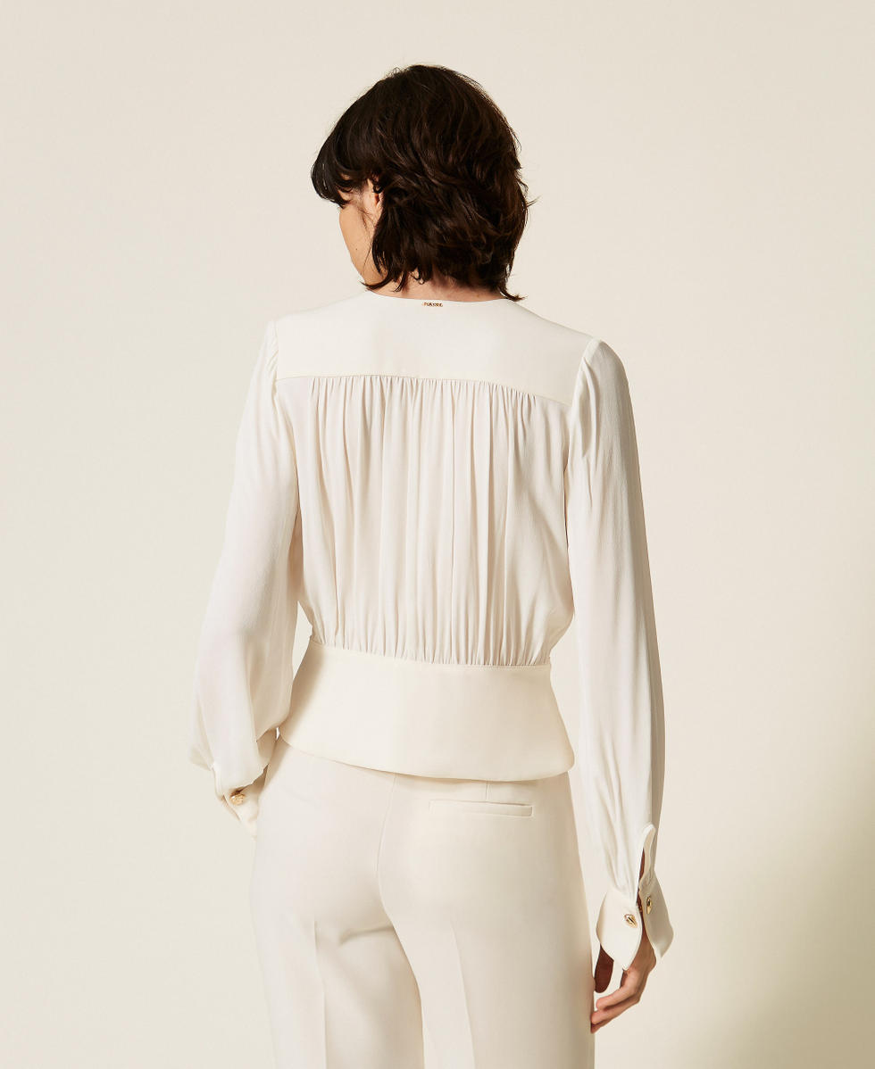 Cr&ecirc;pe de Chine shirt with gathering Mother Of Pearl Woman 262TP2434_00059_03