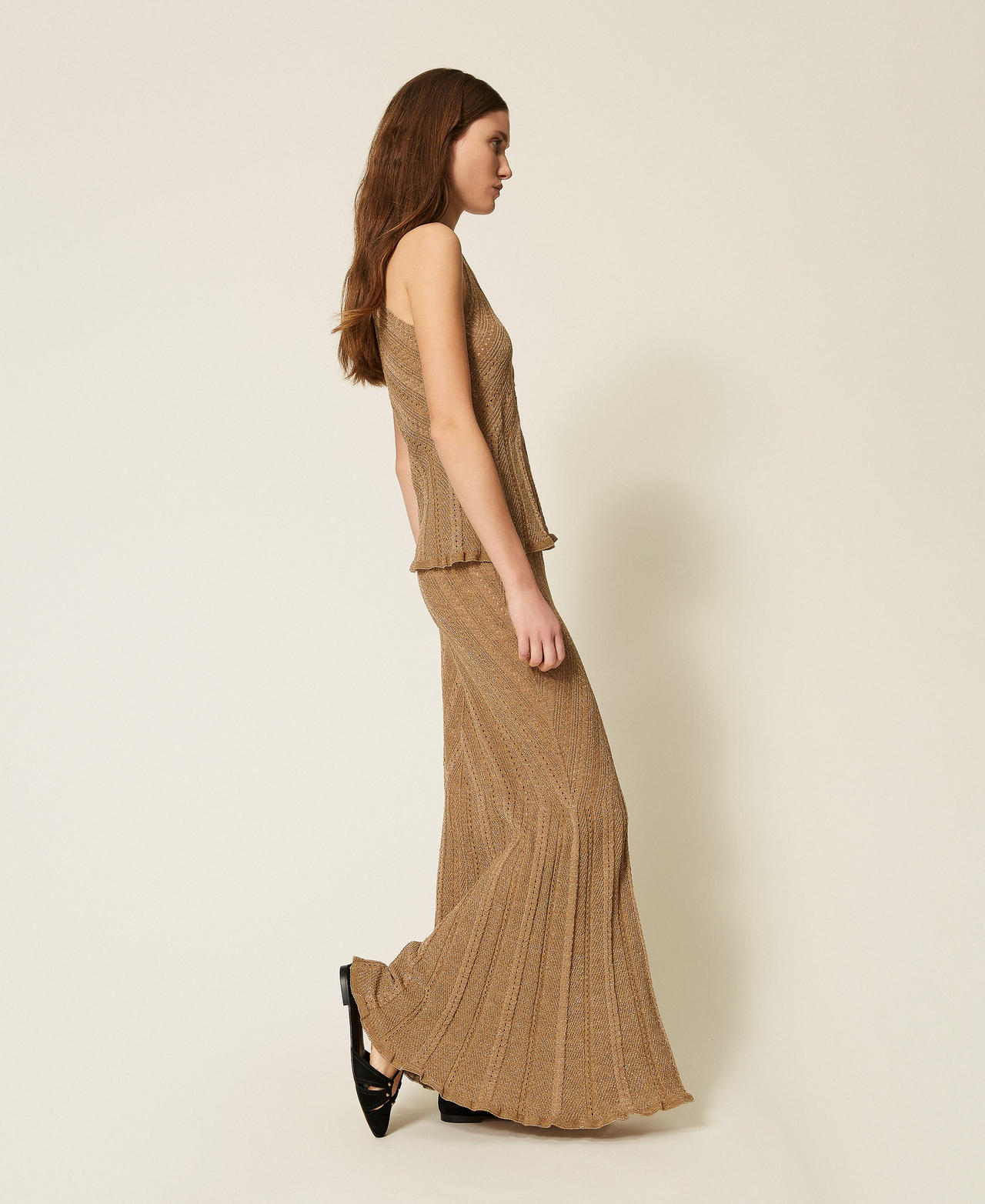 Langer Rock aus Leinenstrick mit Lurex Golden Green Lurex Frau 261TT3211_12454_02