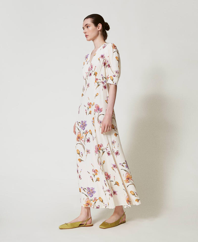 Long cr&ecirc;pe de Chine floral dress Multicolour/Mother of Pearl Iris Print Woman 251TP2770_12329_02