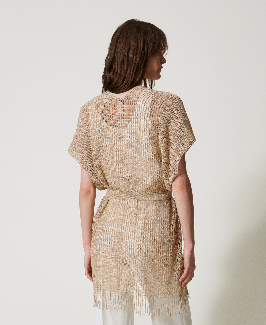 Short mesh and lurex kaftan with fringes Pale "Ginger Root” Beige Woman 251TO5190_11640_03